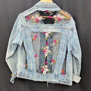 Distressed Floral Embroidered Denim Jacket by Jagged Threads